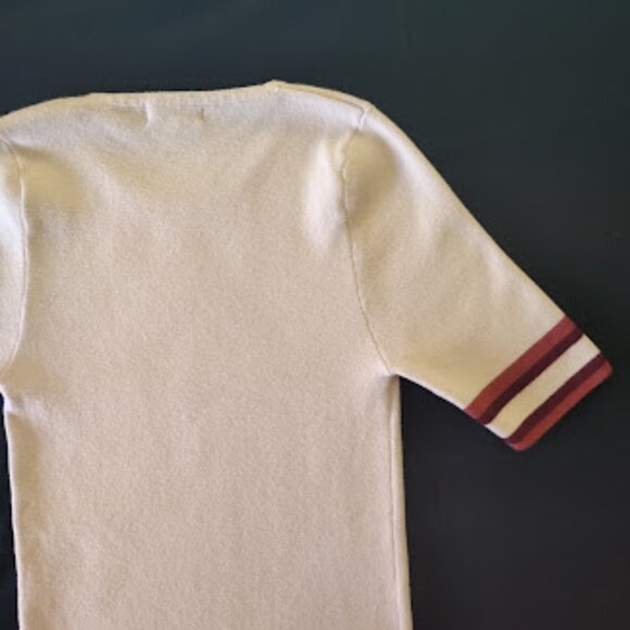BOHME | Beige Short Sleeve Sweater Knit Top Varsity-Style Stripe Trim Shirt S - Picture 7 of 10